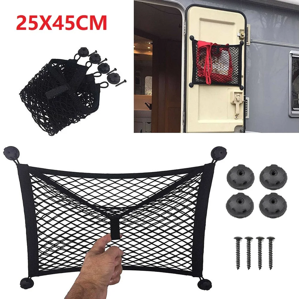 

25*45cm Car Cargo Organizer Storage Elastic Mesh Net Holder 4-Hooks Parts For Caravan For Cargo Van For Magazines