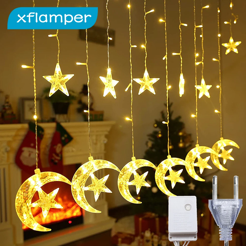 

Xflamper 3,5 м Луна Звезды Занавес гирлянда s сосулька светильник 8 мигающих режимов IP44 водонепроницаемый для комнаты дома свадьбы декор