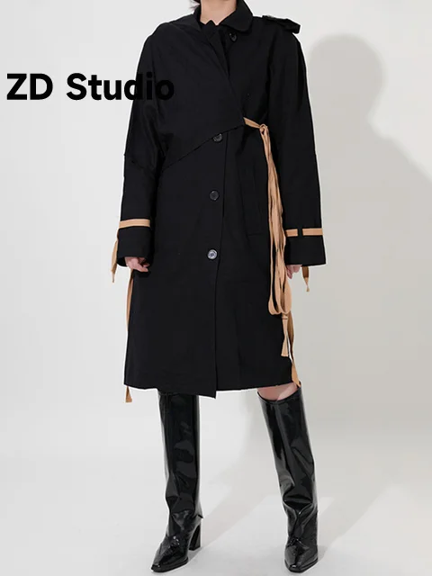 

[ZD Studio] Women Ribbon Bandage Long Size Trench New Lapel Long Sleeve Loose Fit Windbreaker Tide Spring Autumn 2023