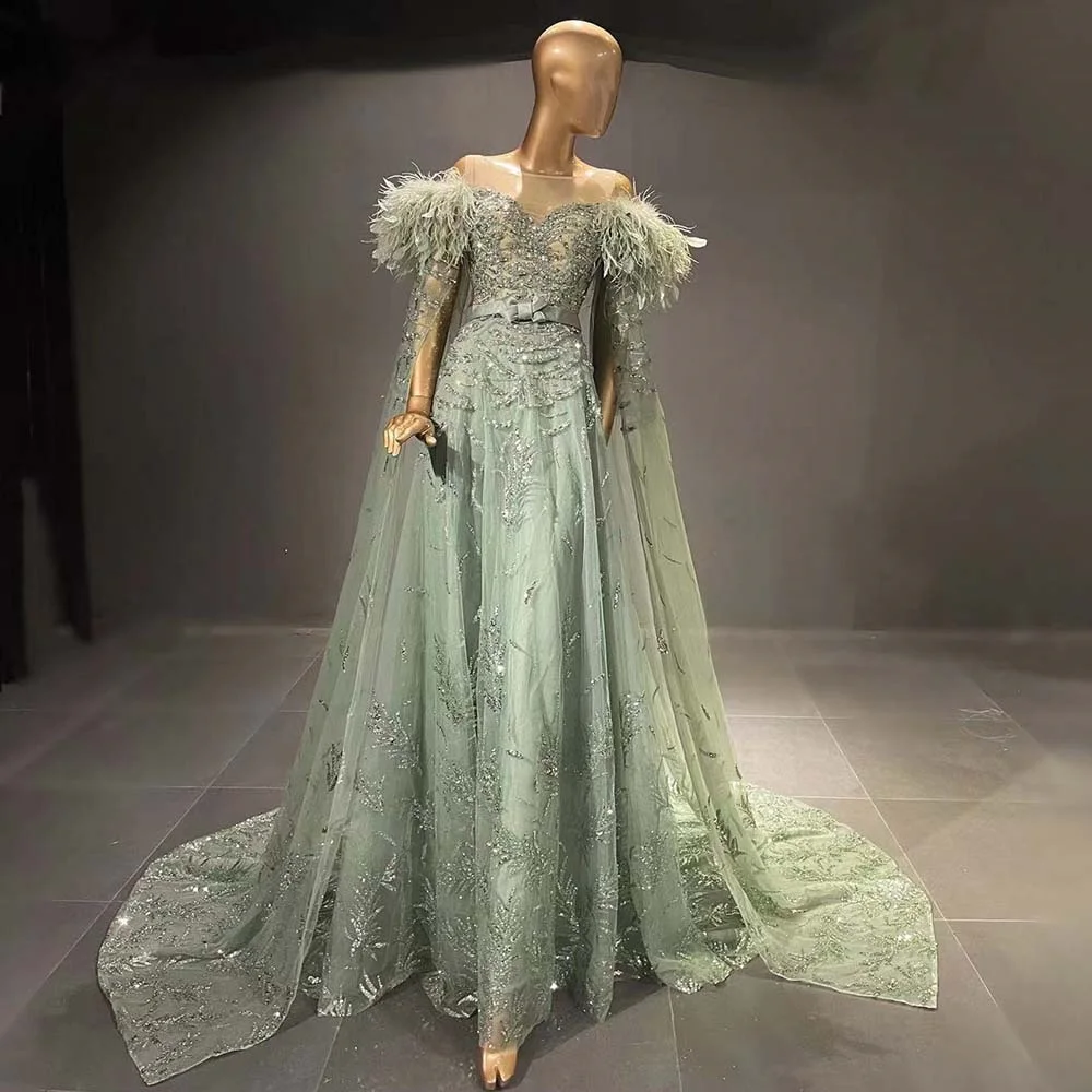 

SoAyle Exquisite Green Capes Sleeves Luxury Evening Dresses Gowns 2022 Beaded Feather Elegant For Women Party Court Train