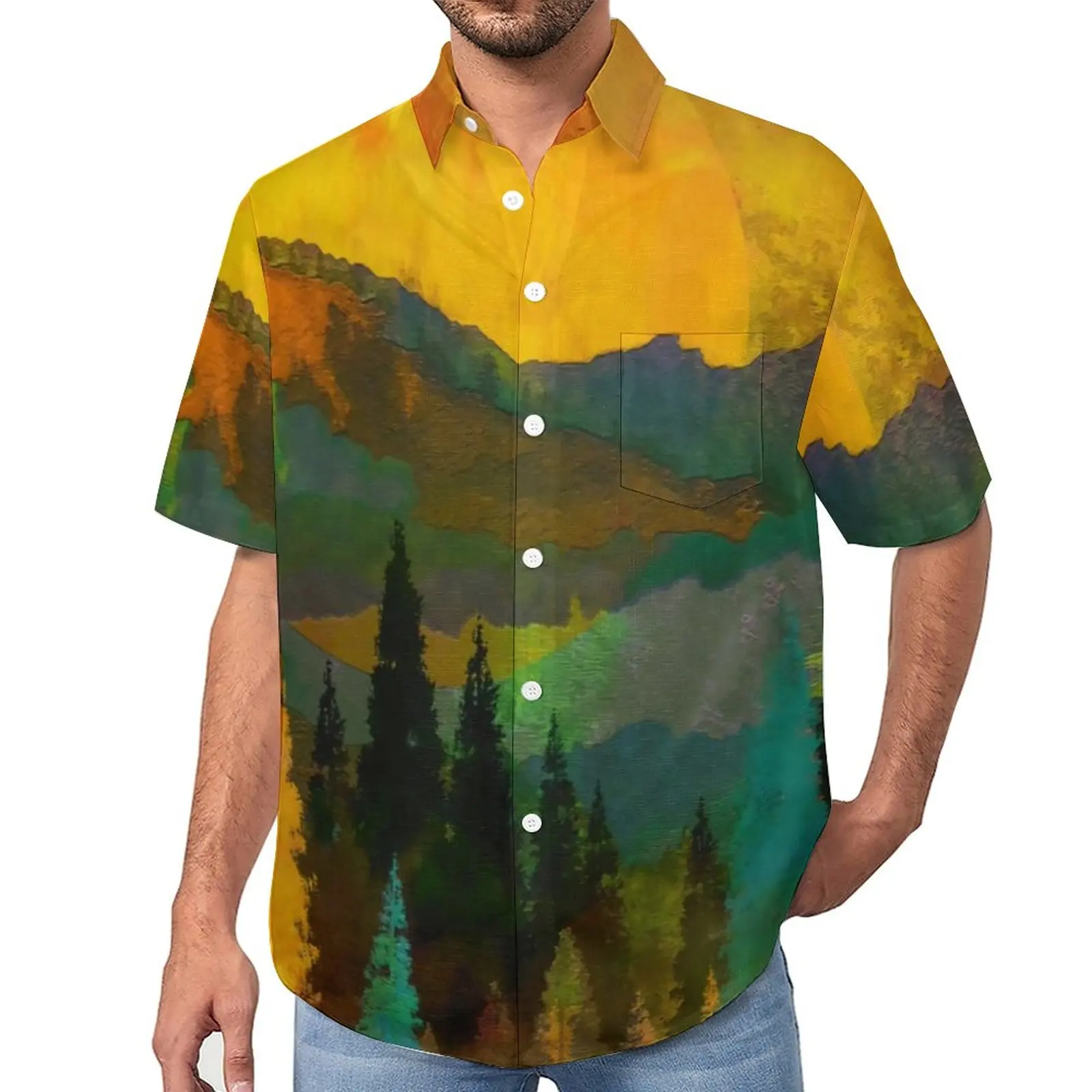 

Trees And Mountains Loose Shirt Man Vacation Painting of Abstract Print Casual Shirts Hawaiian Design Funny Oversized Blouses