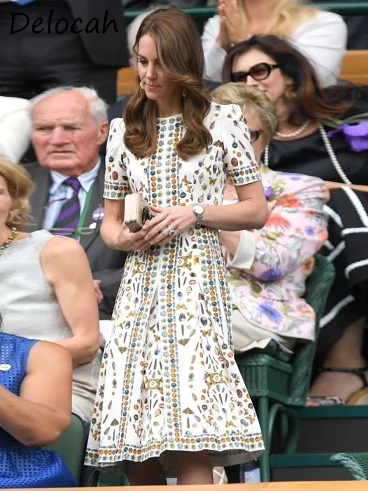 

Delocah High Quality Summer Women Fashion Designer A-Line Dress Kate Middleton Short Sleeve Crystal Print Ladies Midi Dresses