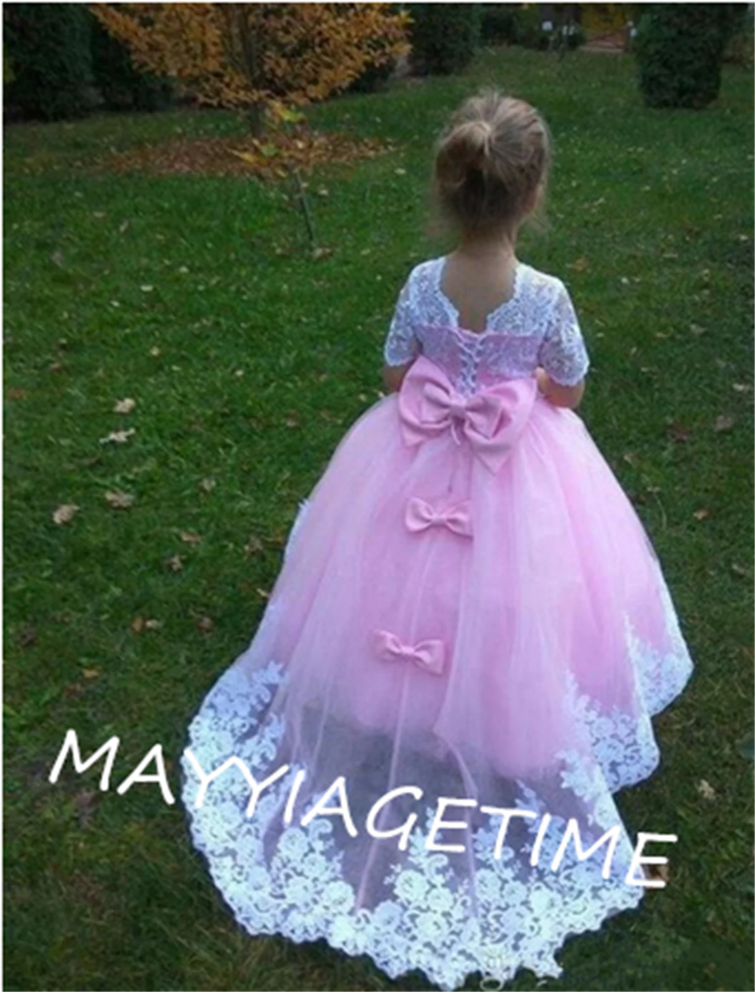 

Великолепное Цветочное платье для девочек с бантом Розовое Тюлевое платье для девочек с коротким рукавом на заказ