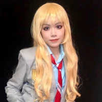 your lie in april cosplay miyazono kaori cosplay wig yellow long curly hair free brand wig cap