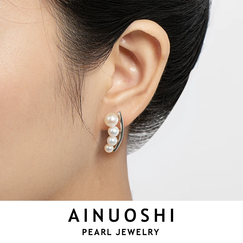 

AINUOSHI Certified 925 Silver Earrings For Women Single Row Four Freshwater Pearl Stud Earring Wedding Party Jewelry Gifts