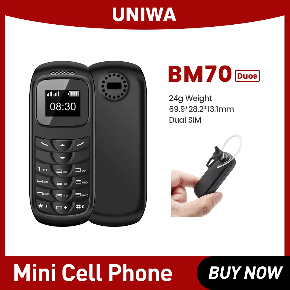 UNIWA BM70 DUOS Mini Mobile Phone Cellphone Stereo GSM Super Thin GSM Small Phone Wireless Bluetooth Earphone