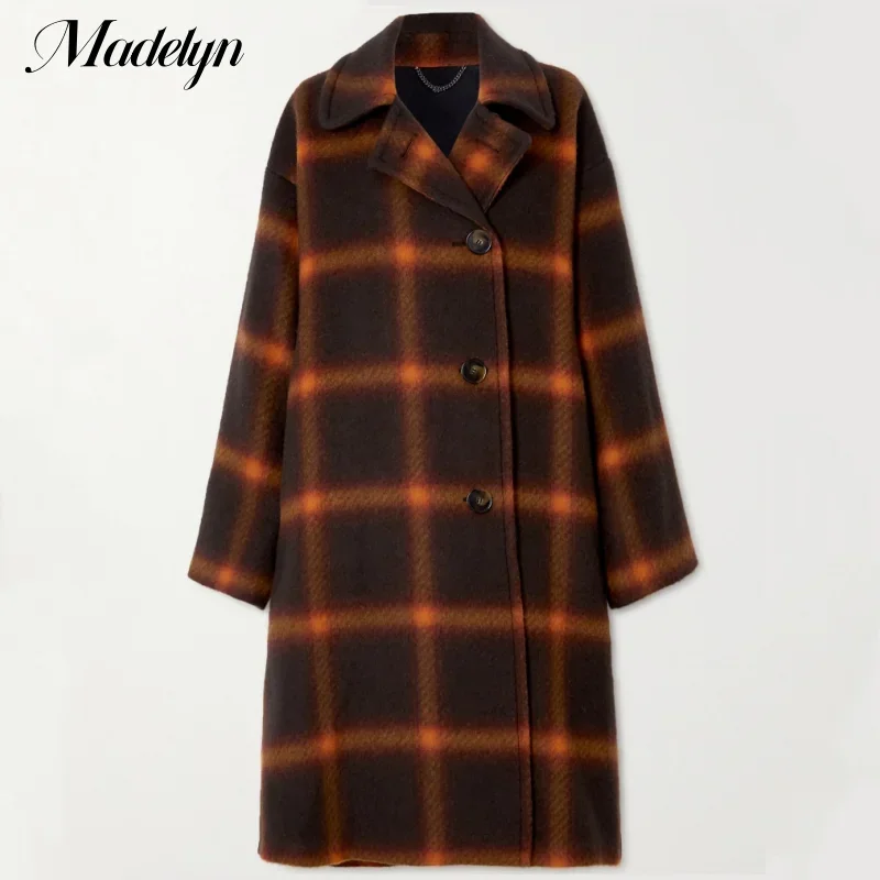 

2023 Autumn Winter Plaid Trench Coat Women Fashion Long Check Polyester Windbreak Coat Women's Thick Loose Lapel Overcoat Female