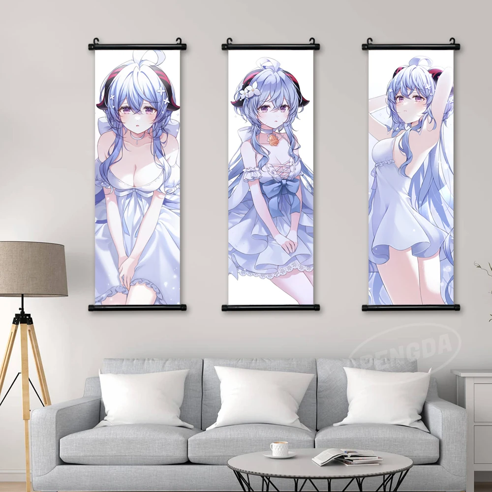 

Canvas Home Decoration Poster Ganyu Print Blue Hair Pictures Wall Art Genshin Impact Scroll Hanging Painting Bedside Background