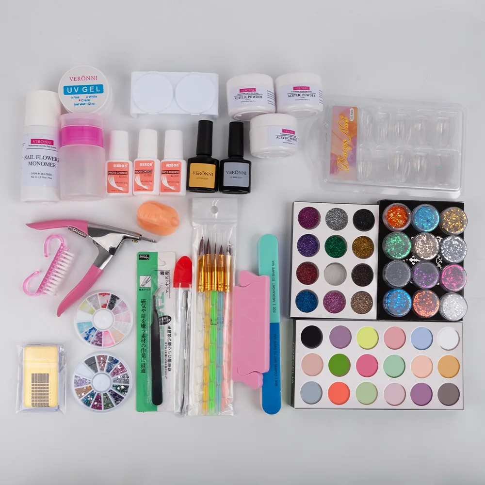 

Full Acrylic Powder Kit Nail Art Tool Starter Set Nail Tips Brush File Form DIY For Beginners Glitter Manicure Decoration