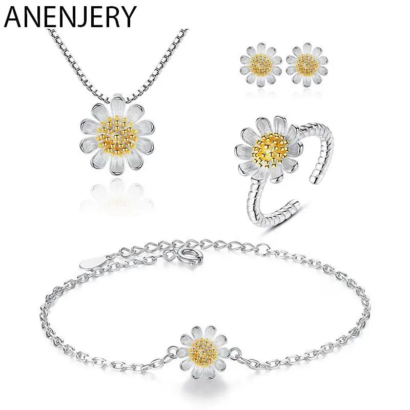 

Женский Ювелирный Комплект ANENJERY, серебристого цвета, ожерелье + серьги + браслет + кольцо в виде подсолнуха