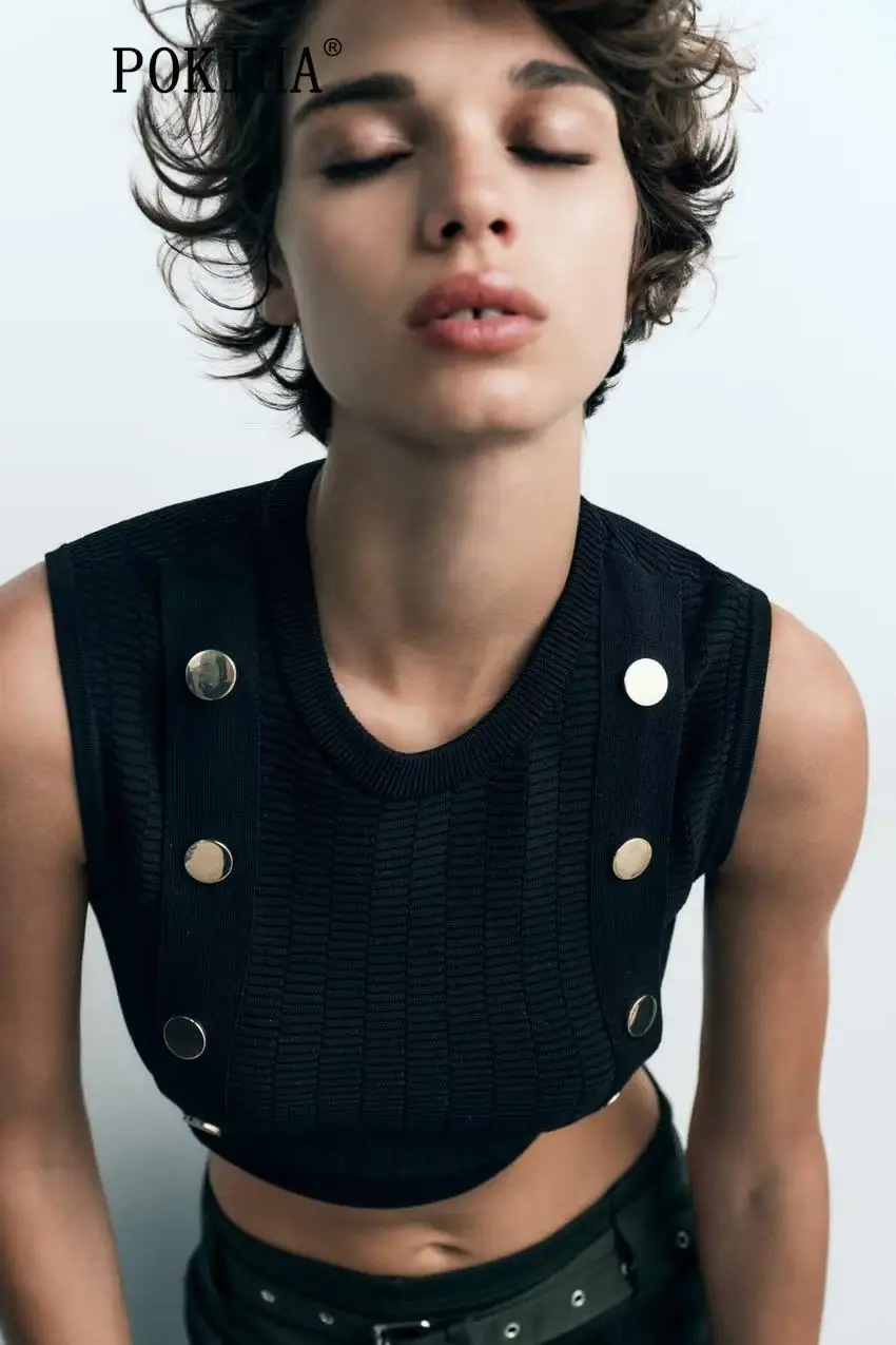 

Pokiha Модный женский Новый Повседневный укороченный вязаный жилет с пуговицами спереди свитер с круглым вырезом без рукавов женский жилет шикарные топы