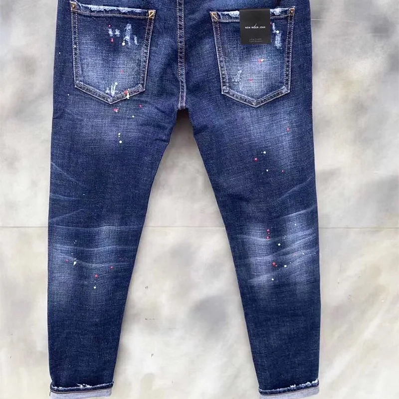 EH·MD® Scratched Holes Embroidered Jeans Men's High Elastic Slim Fit Small Feet Inner Zipper Large Leather Label Splash Dot New