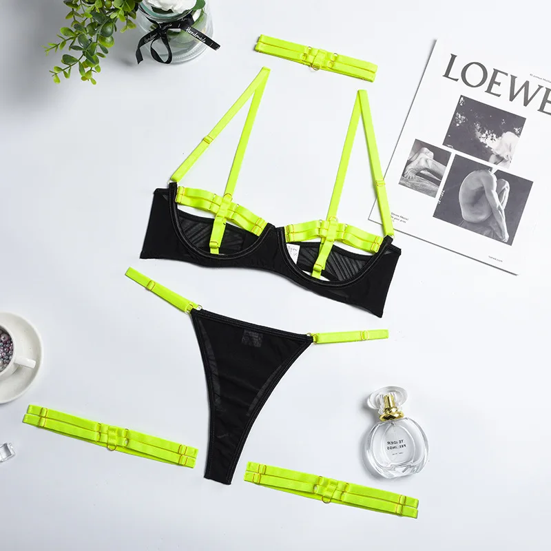 

Summer New Lace Mesh Thin Sexy Lingerie Women's Bra Set Neck Ring Leg Ring Fashion Temptation Erotic Underwear Set