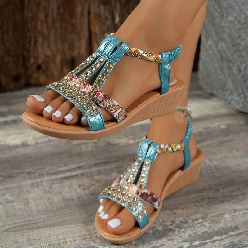 Women Wedge Sandals 2023 Summer New Bohemia Style High Heels Fashion Open Toe Rhinestones Elastic Strap Outdoor Dressy Sandals