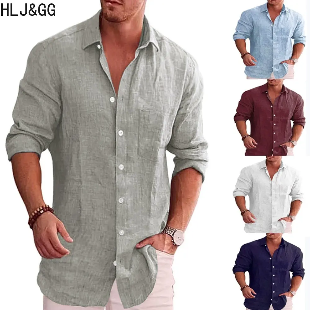 

HLJ&GG High Quality Man's Solid Color Shirts Casual Cotton Linen Shirt Loose Tops Long Sleeve Shirt for Man Handsome Men Shirts
