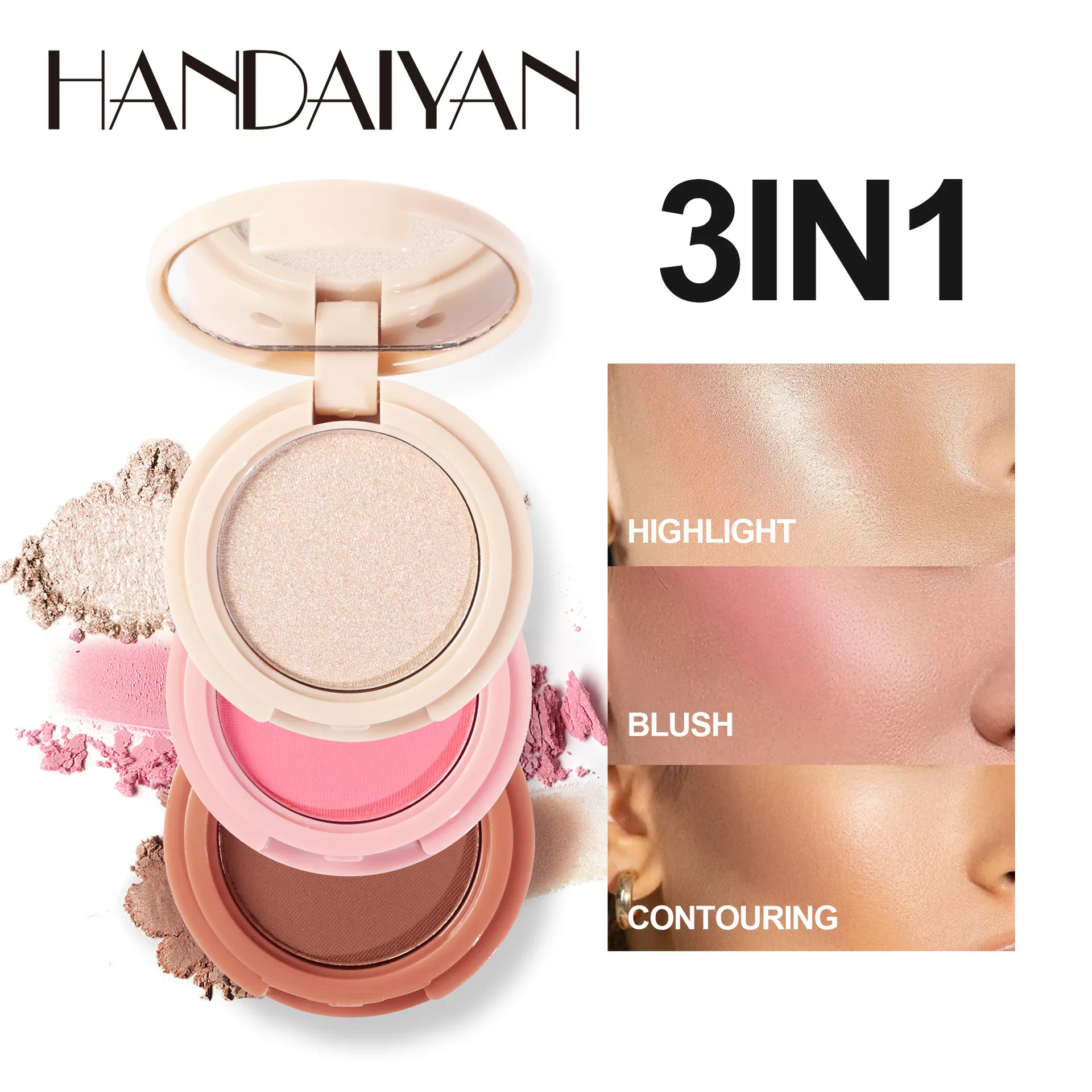 

HANDAIYAN 3 Color Multifunction Highlight Contour Blush Powder 3 In 1 Waterproof Shimmer Eye Shadow New Fashion Makeup Plate 6g