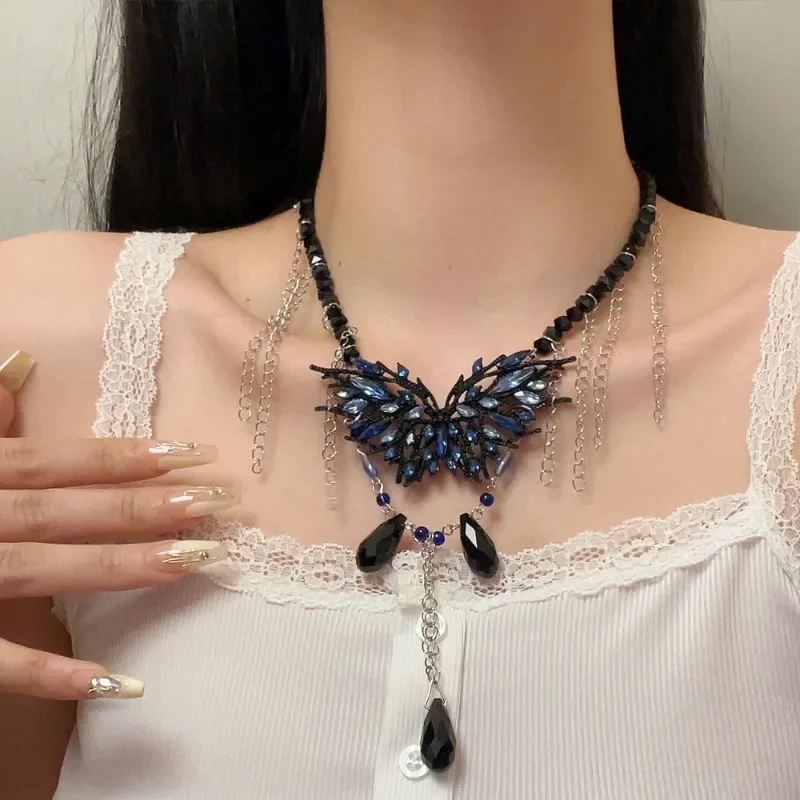 Ожерелья-бабочки Draweye Y2k для женщин винтажные кисточки темно-синие корейские