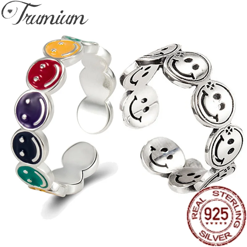 

Trumium Genuine 925 Sterling Silver Rainbow Colorful Smile Rings for Women Drop Glaze Cute Positive Energy Decompress Jewelry