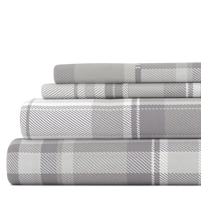 

Light Grey Plaid 4 Piece 100% Cotton Flannel Deep Pocket Sheet Set, Queen, by