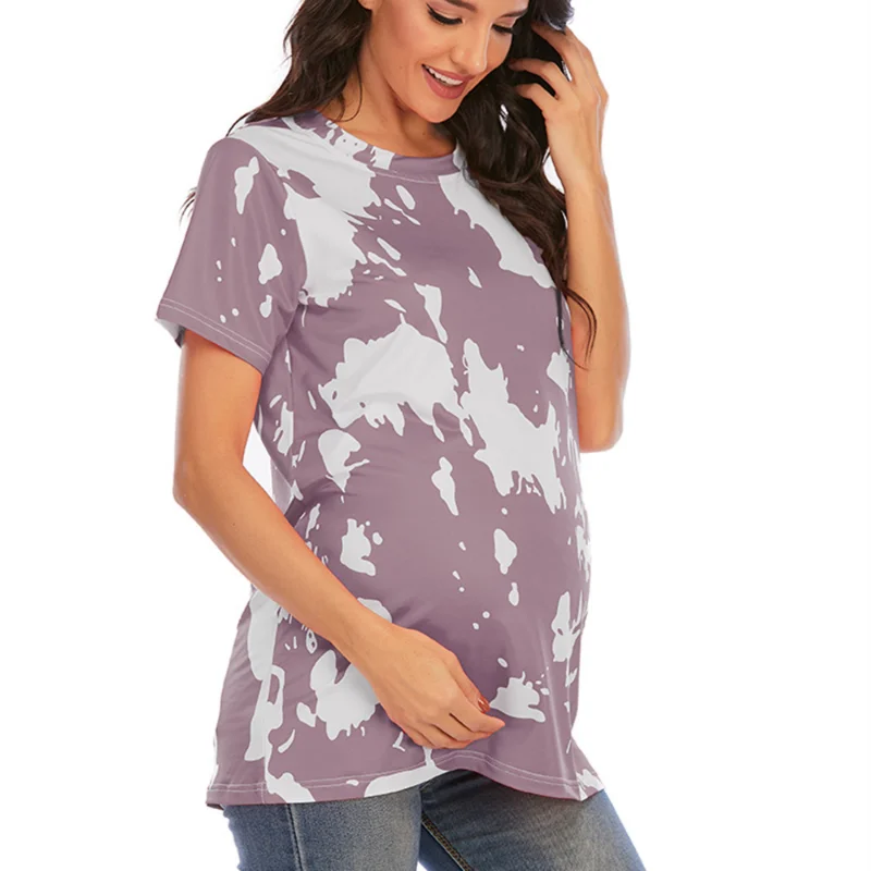 2022 Maternity Clothes Fashion Trendy Tie Dyed Round Neck Large Maternity Short Sleeve T-shirt Maternity Tops Pregnant Clothes