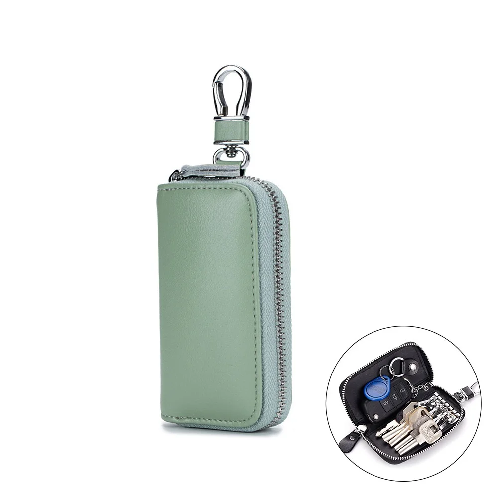 

Simple Smooth Soft Split Second Layer Cow Leather Car Key Holder Zipper Bag Practical Convenient Hook Style Protection Case