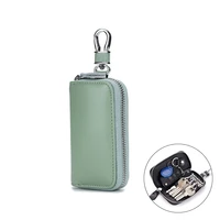 simple smooth soft split second layer cow leather car key holder zipper bag practical convenient hook style protection case