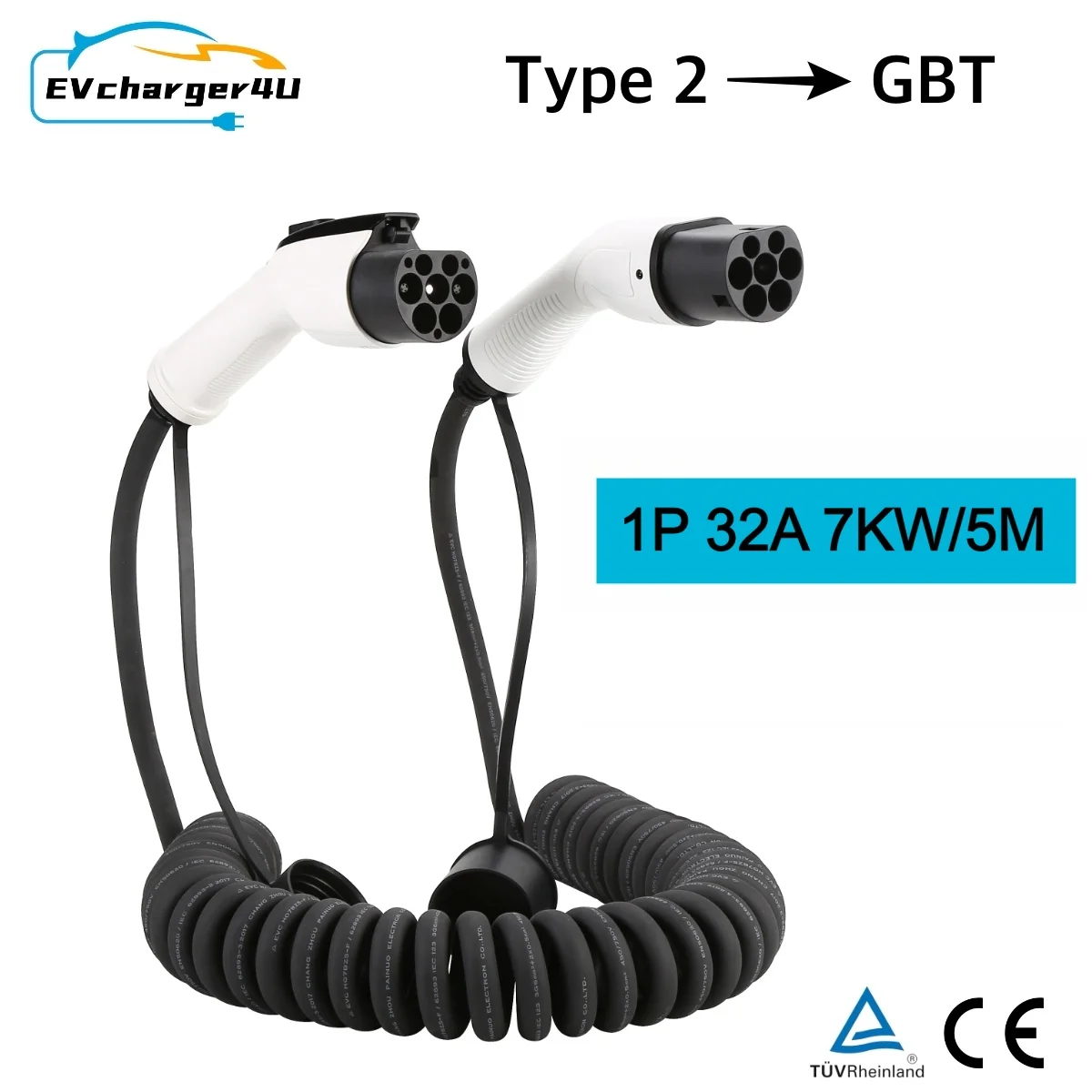 

EVcharger4U IEC62196 Тип 2 к GBT Спиральный кабель для зарядки электромобилей 1 фаза/3 фазы 32A 5 м/7 м Тип 2 ГБ/Т Спиральный кабель EVSE для китайских электромобилей