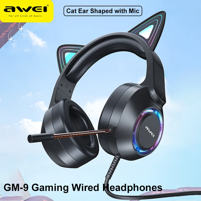 

Awei GM-9 светильник с кошачьими ушками, наушники с микрофоном для девочек, стерео, милый музыкальный шлем, проводная гарнитура для телефона, спортивные игровые наушники