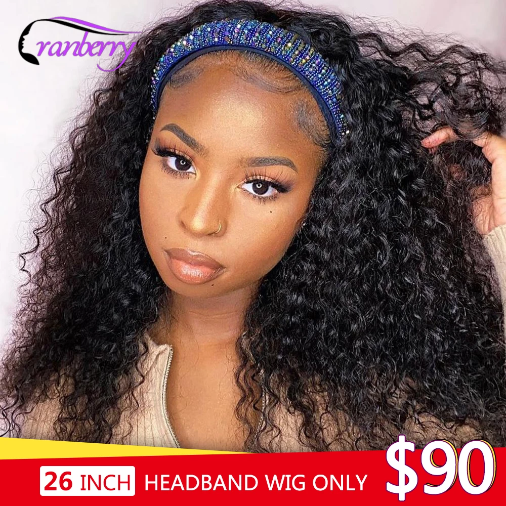 Cranberry Hair Malaysian Curly Headband Wig Human Hair Scarf Wig No Gel No Glue Jerry Curl Hair Wig with Headband Fit All Size