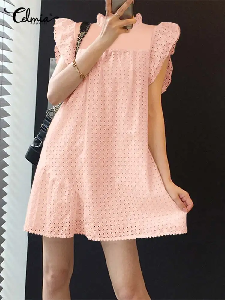 

Женское кружевное мини-платье с круглым вырезом, без рукавов