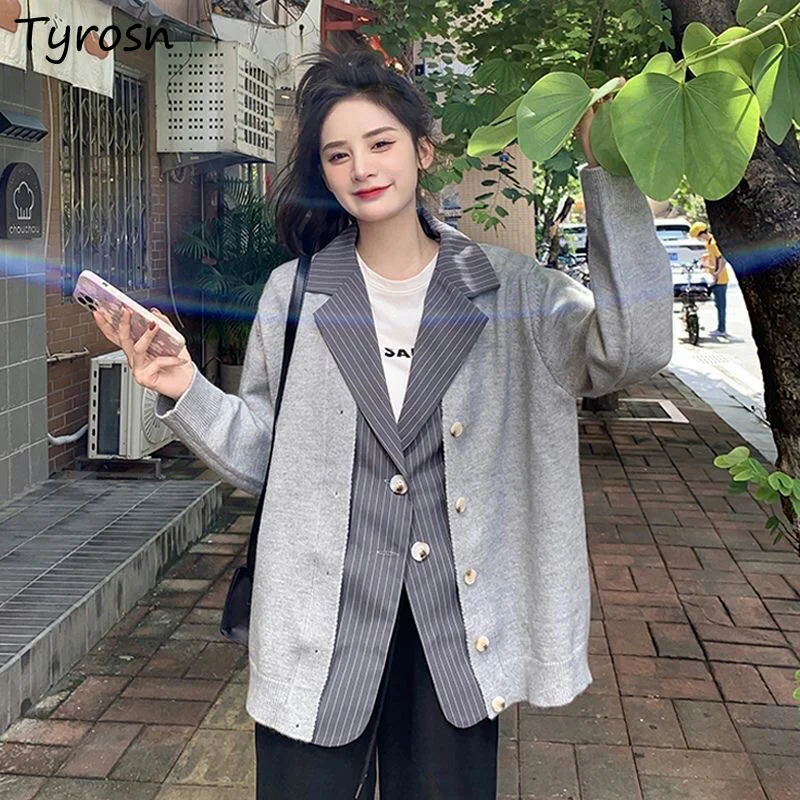 

Fake Two Pieces Cardigans Women Gentle Ulzzang Chic Office Simple Sweater Autumn All-match Streetwear Ladies Design Patchwork