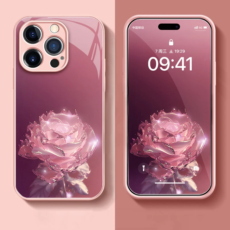 

Crystal Rose Metal Straight Edge Glass Shell For 14 13 Promax 11 12 Pro X XS XR XSmax Shockproof Protection Cover Accessories