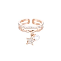 star adjustable open band engraved rings with crystal for women teen girls pearl jewelry goldsilver plated