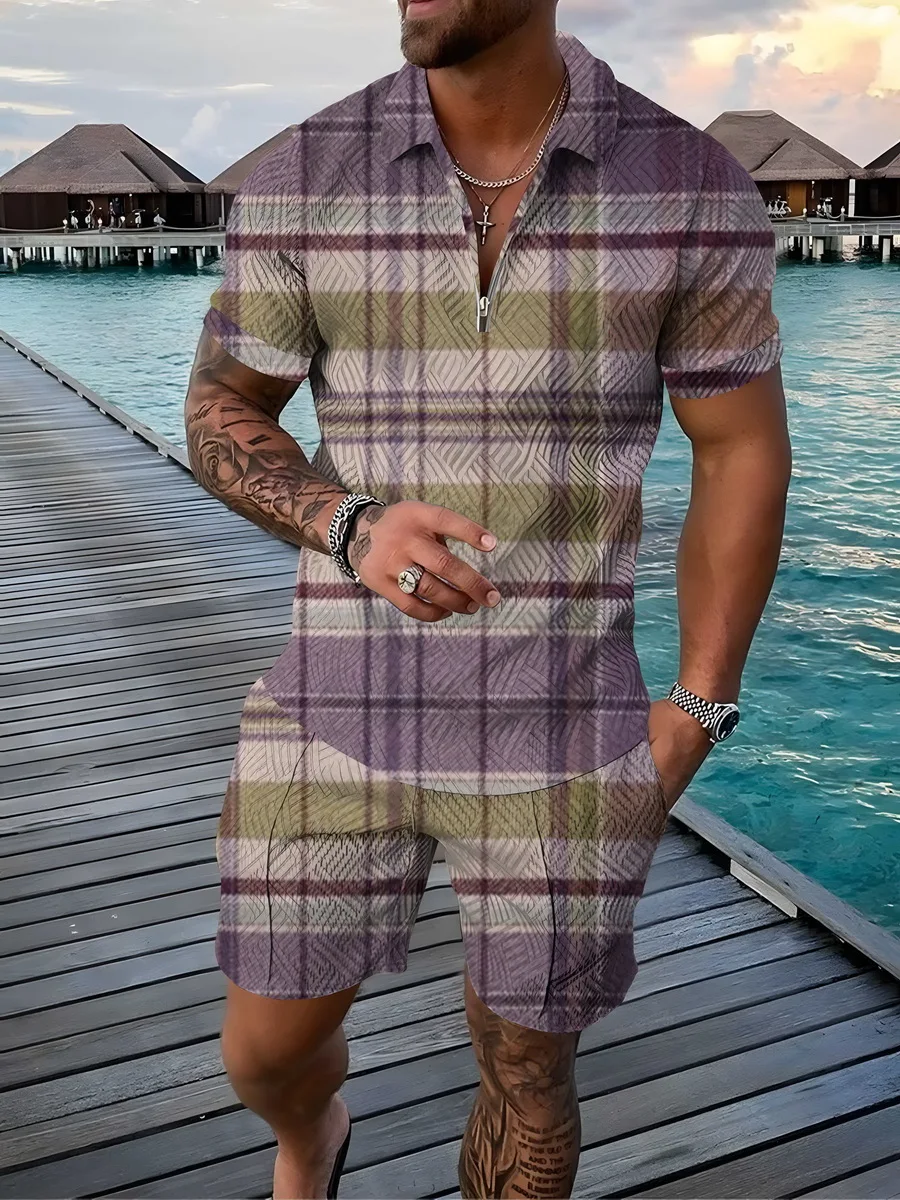 

Мужская спортивная одежда в клетку, комплект из 2 предметов, рубашка поло на молнии с короткими рукавами и шорты, Повседневная Уличная одежд...