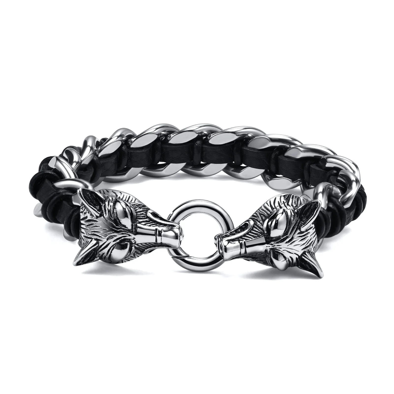 

Vintage Viking Double Wolf Head 316L Stainless Steel Bracelet Men Punk Domineer Jewelry Leather Cuban Chain Personalized Jewelry