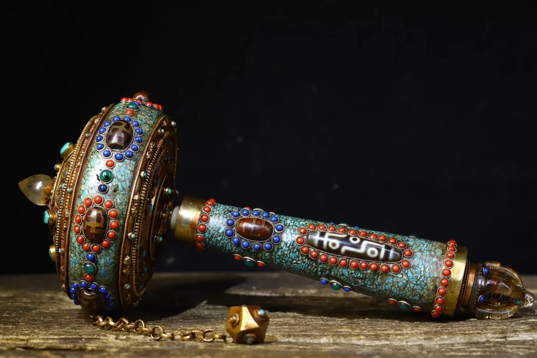 

13" Tibetan Temple Collection Old Tibetan silver Gem Dzi Beads Crystal Fanlin prayer wheel prayer wheel Dharma Town House