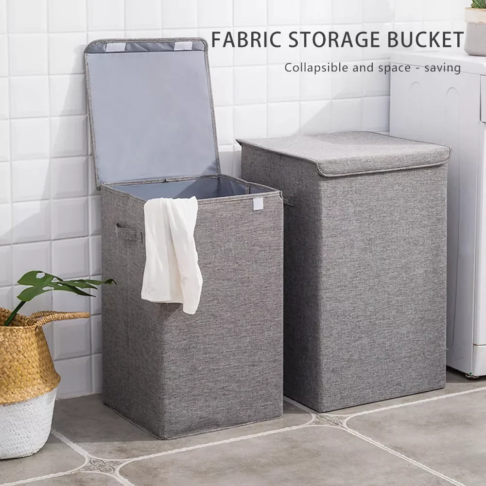

With Cover Cotton Linen Folding Laundry Hamper Large Storage Waterproof Dirty Clothes Bucket Home Laundry Basket Storage Basket