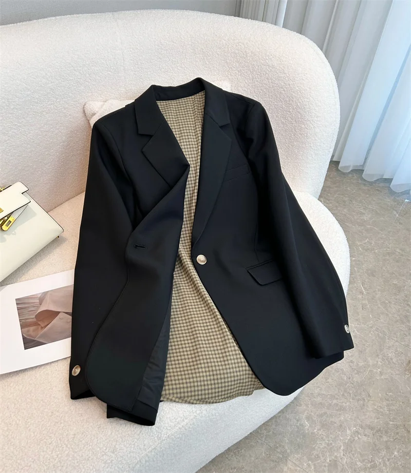 2023 New Spring Autumn Plaid lining Splicing Black Blazer Coats Women's Clothing Casual Street Blazers Suit Jackets  AC760