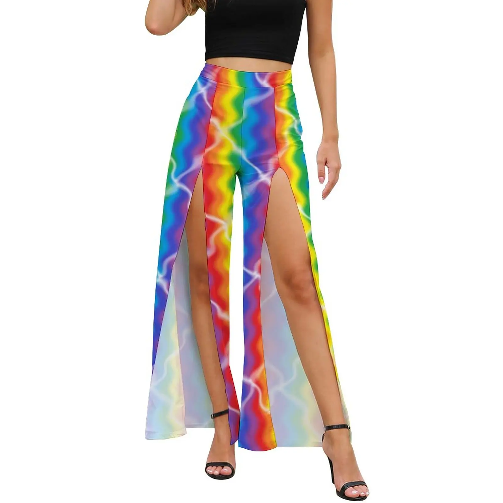

Cracked Rainbow Pants Woman Abstract Stripes Colorful Harajuku Print Trousers Spring Front Slit Sexy Workout Wide Leg Pants Gift