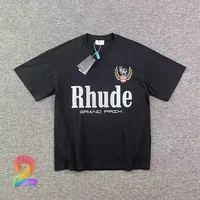 high street rhude t shirt wheat retro letter logo print round neck short sleeved t shirts for men women