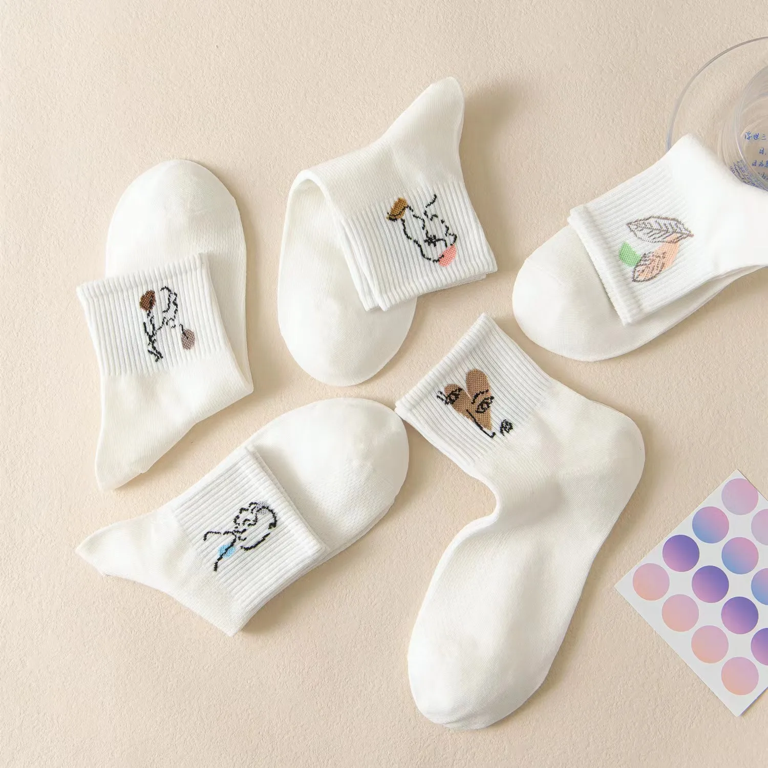 2023 New Spring Summer Elegant Girl Pattern Design Women's Socks Simple White Cotton Middle Sock for Lady Long Sport Sox 10 Pair