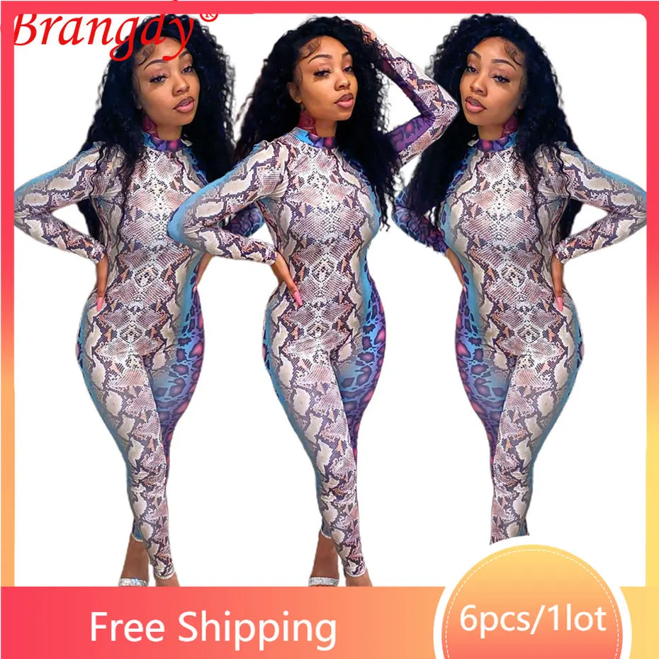 

6 шт. оптовая продажа товаров для бизнеса сексуальный Змеиный комбинезон женские Обтягивающие Комбинезоны с длинным рукавом цельный наряд комбинезон B10292