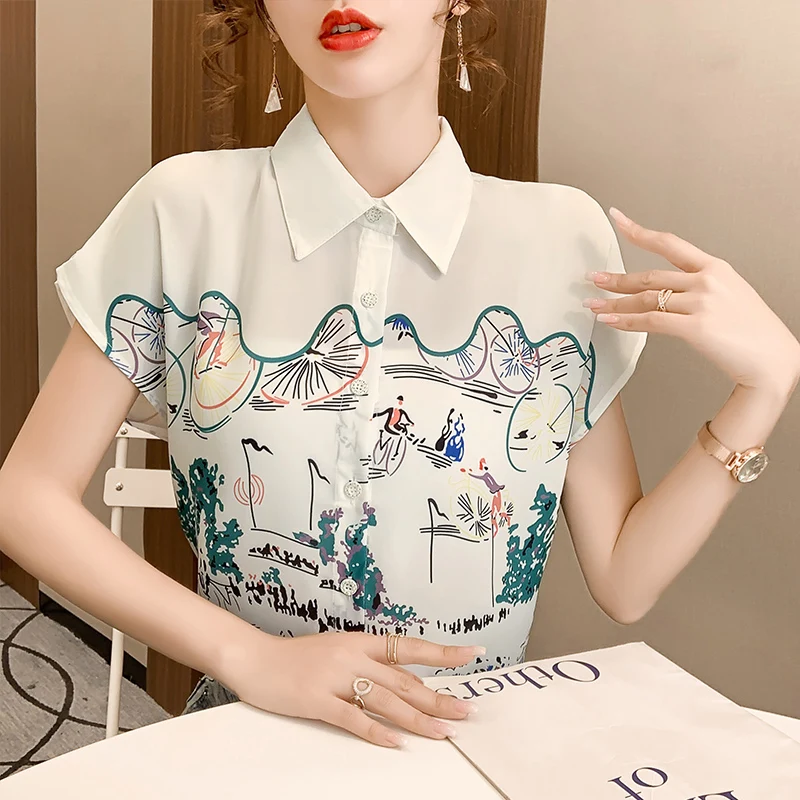 

Summer Women's Blouse Bat Short Sleeve Top Korean Fashion Casual Viscose Patchwork Print Loose Lapel Shirts Houthion