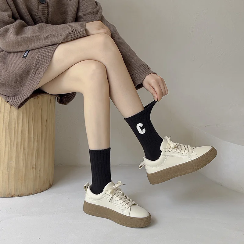 5Pairs Trendy Women Cotton Socks Spring and Autumn High Quality Casual Sock for Women Korean Japanese Student Girl Mid-tube Sock