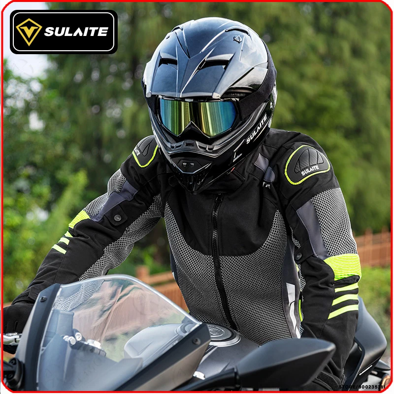 

SULAITE Motorcycle Jacket Breathable Motocross Jacket Chaqueta Moto Mesh Motociclista with Removeable CE Protection Man Summer