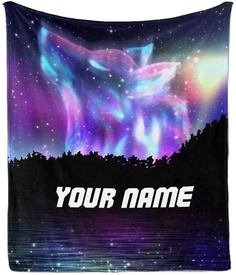 

Custom Throw Blanket with Your Name Text,Personalized Galaxy Wolf Fantasy Super Soft Fleece Blanket for Couch Sofa Bed