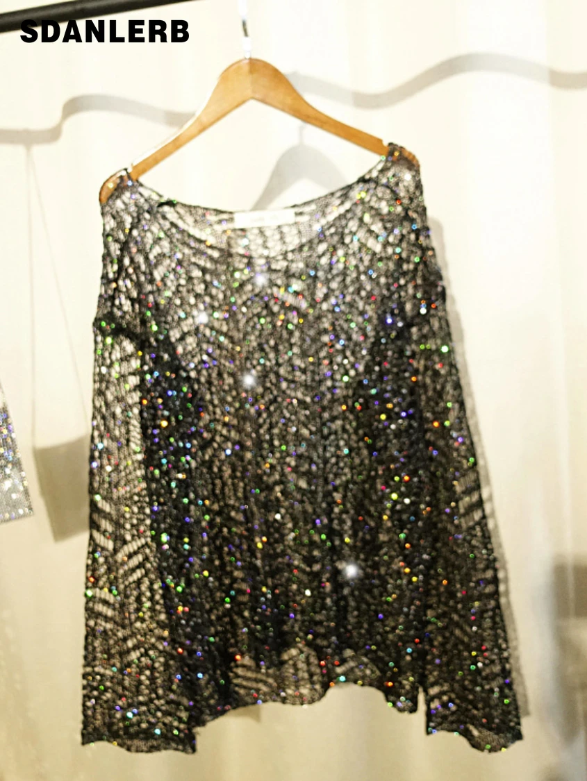 

2022 Spring Summer New European Station Goddess Sequined Shiny Sweater Korean Style Long Sleeve Loose Sexy Cutout Blouse