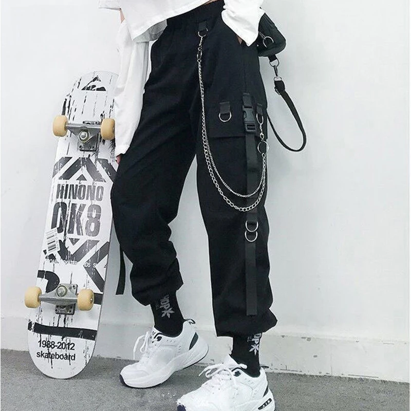 

Women Ribbon Cargo Harem Pants Fashion Punk Korean Jogger Trouser Chain Harajuku Elastics High Waist Streetwear Feminine Clothes