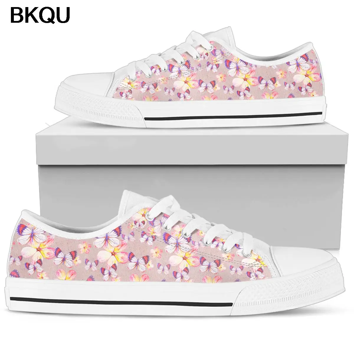 

BKQU Ladies Shoes Casual Cute Flower Butterfly Print Women Low Top Canvas Shoes Flats Shoes for Girls 2022
