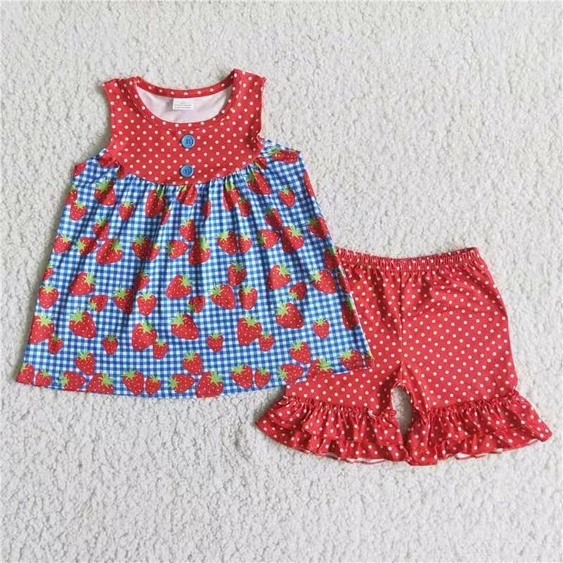 

summer kids set sleeveless strawberry t shirt and red polka dots shorts boutique girl summer outfit kids clothing set